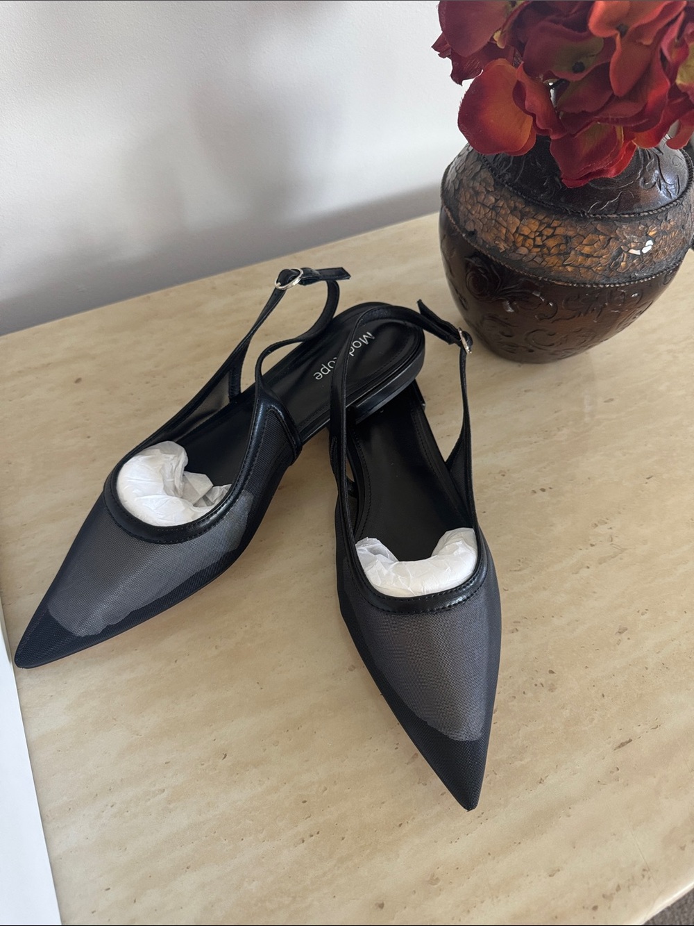 Black Pointed Mesh Slingback Flats